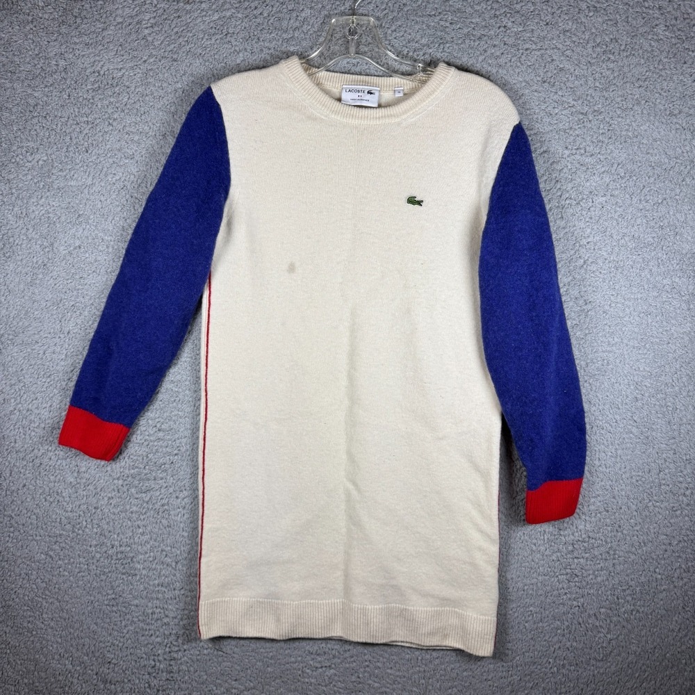 Lacoste Cream Blue Red Wool Long Sleeve Cozy Warm Midi Sweater Dress 36 Small